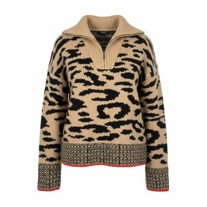 AQUA Leopard Animal Print Quarter-Zip Sweater M Red Trim Pop of Color